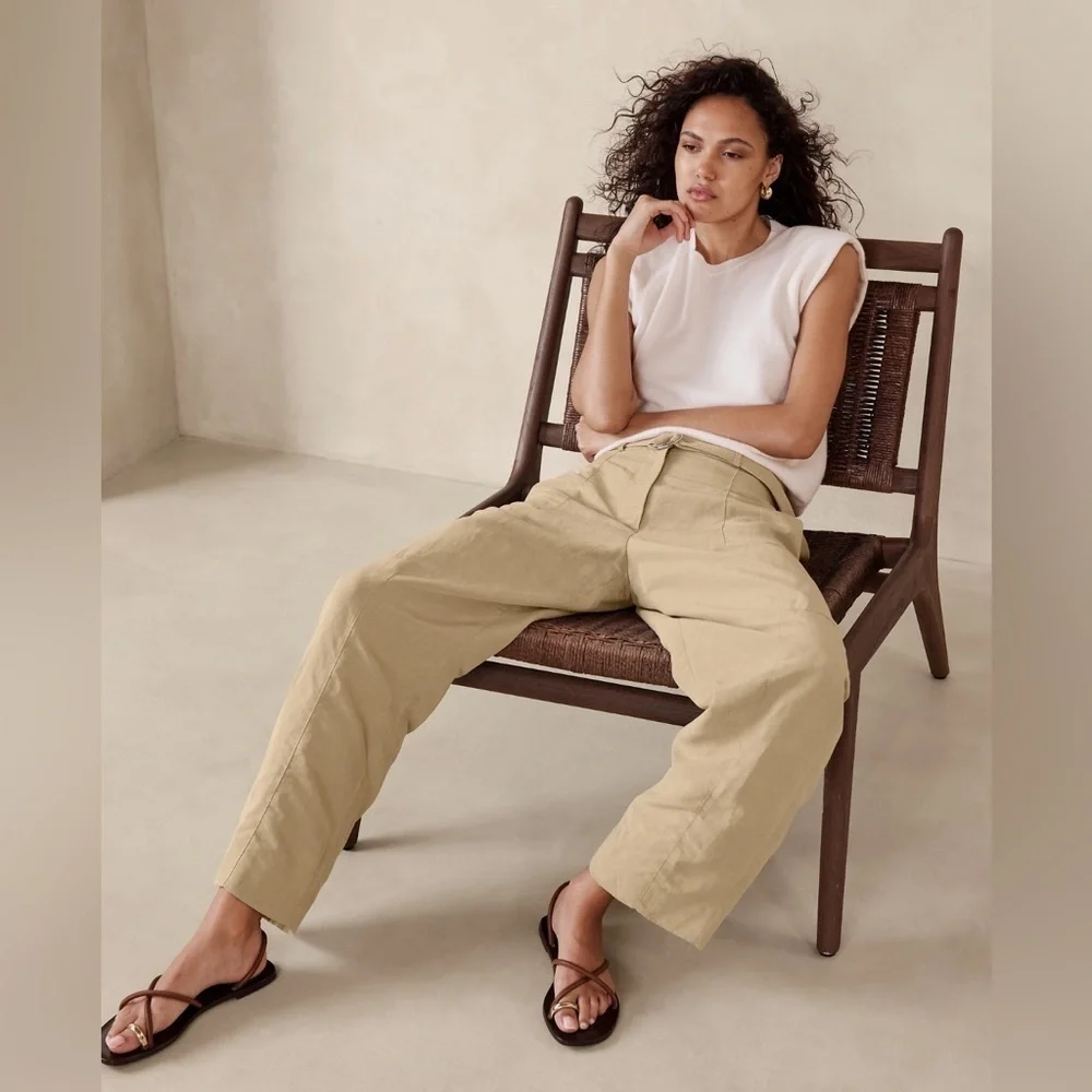 Women's High-Rise Wide-Leg Linen Blend Pants in Beige Womens Size 20